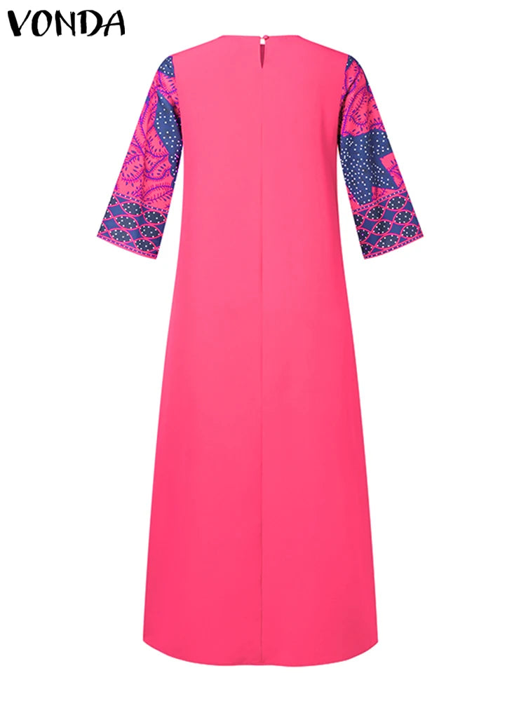 VONDA 2024 Plus Size 5XL Women Summer Vintage Bohemian Maxi Long Dress 3/4 Sleeve Casual Printed Sundress Elegant Loose Vestidos