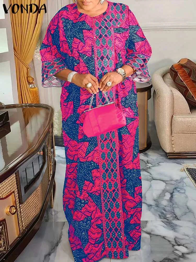 VONDA 2024 Plus Size 5XL Women Summer Vintage Bohemian Maxi Long Dress 3/4 Sleeve Casual Printed Sundress Elegant Loose Vestidos
