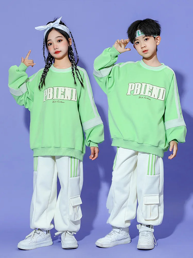 Fashion Hip Hop Girls Boys Ballroom Dancing Costumes 4 Kids Jazz Dance Clothes Child Party Show Stage Wear Green Hoodies Pants