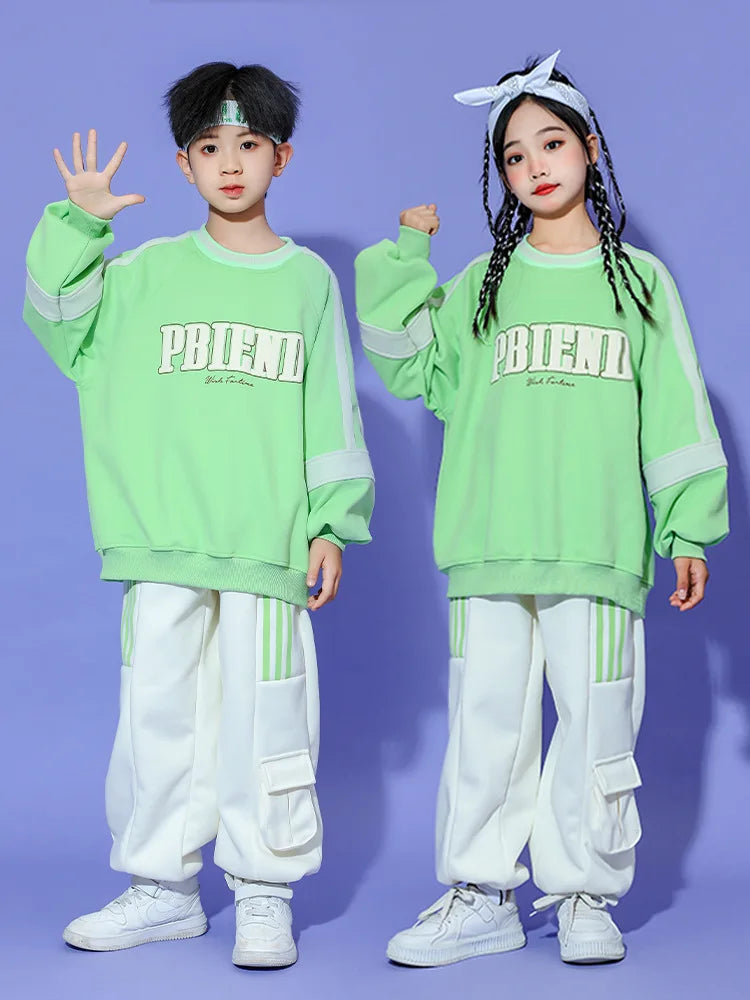 Fashion Hip Hop Girls Boys Ballroom Dancing Costumes 4 Kids Jazz Dance Clothes Child Party Show Stage Wear Green Hoodies Pants