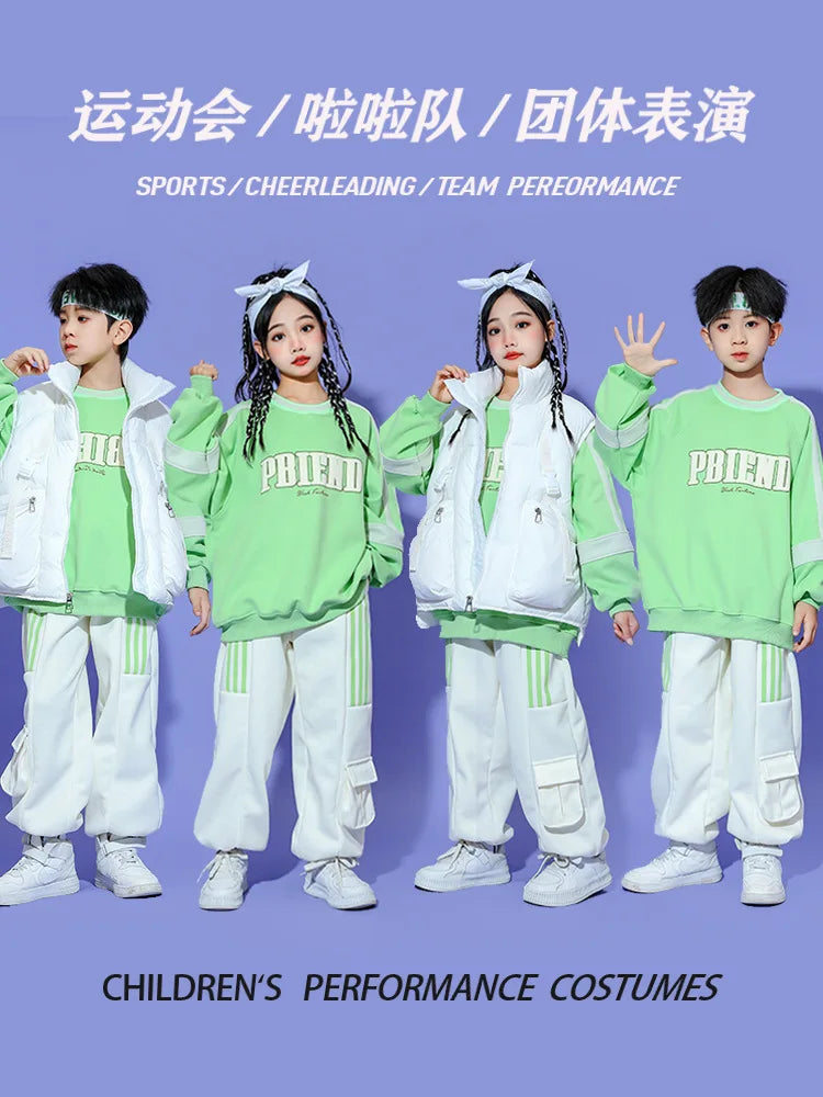 Fashion Hip Hop Girls Boys Ballroom Dancing Costumes 4 Kids Jazz Dance Clothes Child Party Show Stage Wear Green Hoodies Pants