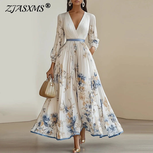 2025 Spring Long Sleeve Boho Maxi Dress Woman Elegant Floral Print A-Line Pleated Dresses Sexy Deep V Neck High Waist Long Dress