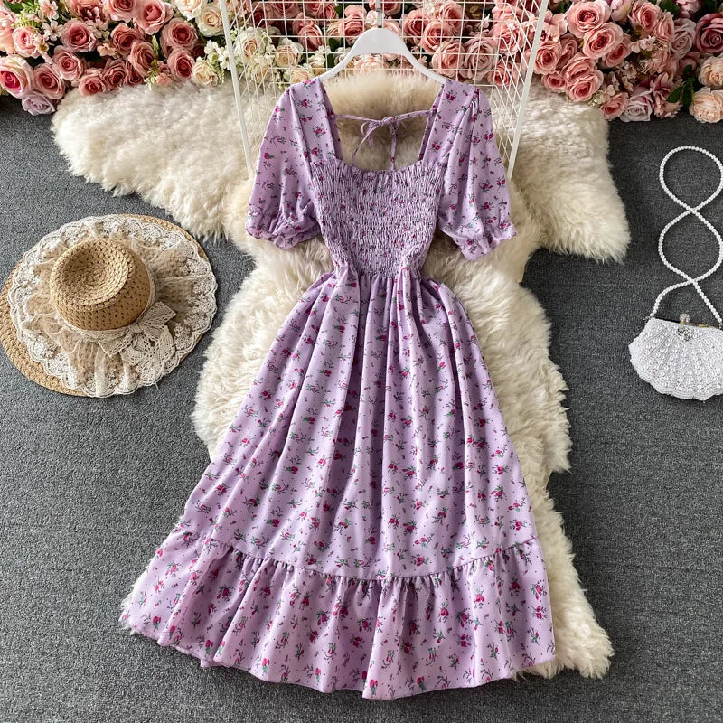 Mini Dress Women Dresses A Line Vestidos Square Collar Short Sleeve Print Floral Elegant Y2k High Waist Streetwear Party Club