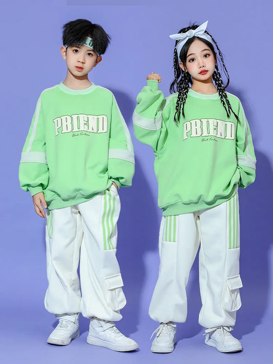 Fashion Hip Hop Girls Boys Ballroom Dancing Costumes 4 Kids Jazz Dance Clothes Child Party Show Stage Wear Green Hoodies Pants