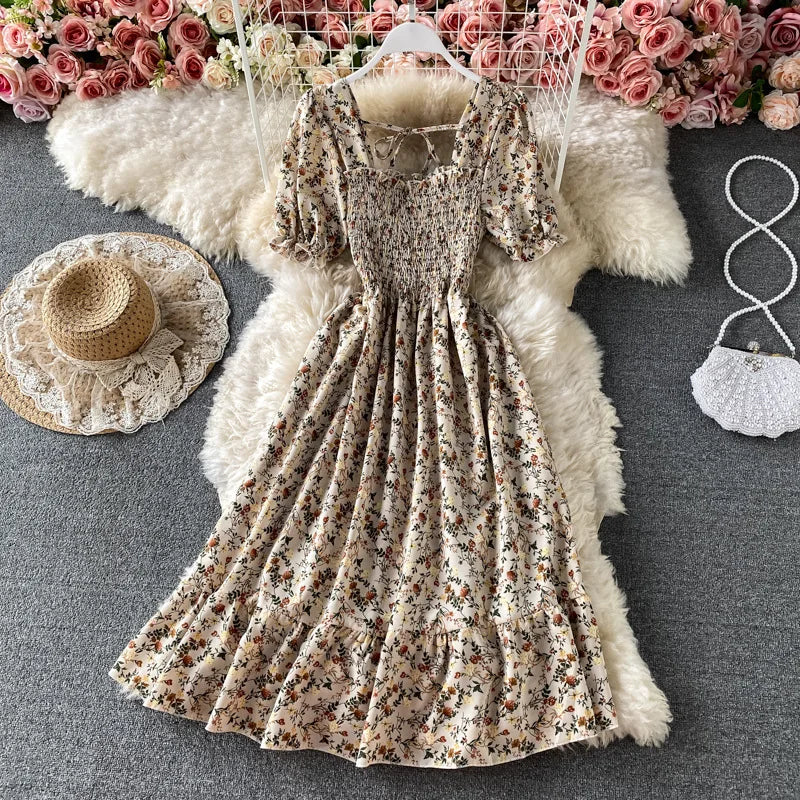 Mini Dress Women Dresses A Line Vestidos Square Collar Short Sleeve Print Floral Elegant Y2k High Waist Streetwear Party Club