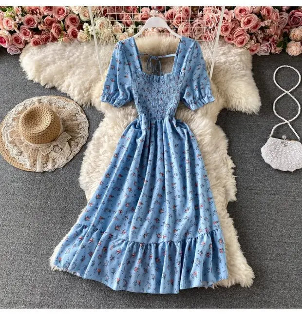 Mini Dress Women Dresses A Line Vestidos Square Collar Short Sleeve Print Floral Elegant Y2k High Waist Streetwear Party Club