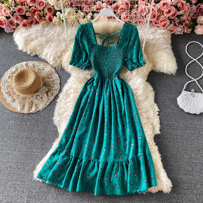 Mini Dress Women Dresses A Line Vestidos Square Collar Short Sleeve Print Floral Elegant Y2k High Waist Streetwear Party Club