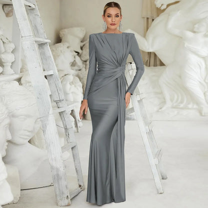 Ladies Autumn Elegant Evening Party Dress Women Long Sleeve O-Neck Ruched Fashion Maxi Dresses Night Club Streetwear Fall Outfit
