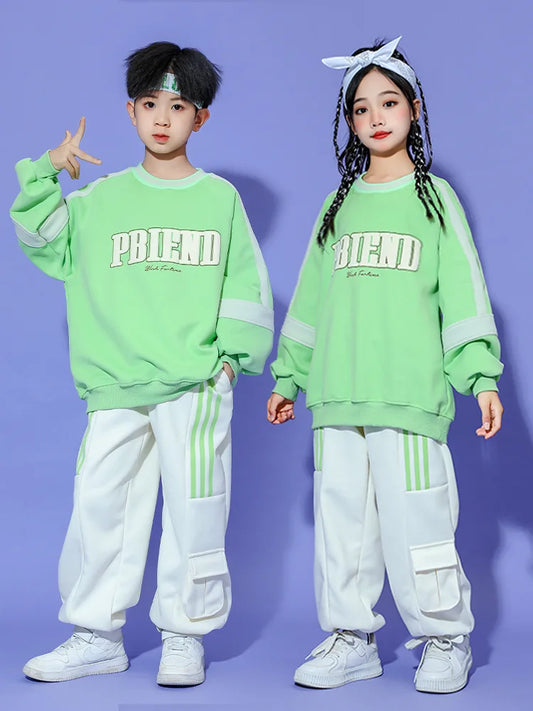 Fashion Hip Hop Girls Boys Ballroom Dancing Costumes 4 Kids Jazz Dance Clothes Child Party Show Stage Wear Green Hoodies Pants