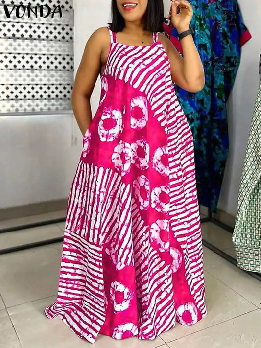Plus Size Maxi Long Dress Bohemian Sleeveless Printed Party Sundress 2024 VONDA Summer Tank Vestidos Beach Loose Casual Robe