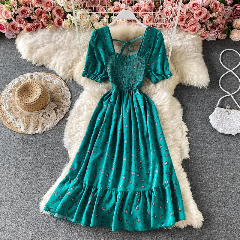 Mini Dress Women Dresses A Line Vestidos Square Collar Short Sleeve Print Floral Elegant Y2k High Waist Streetwear Party Club