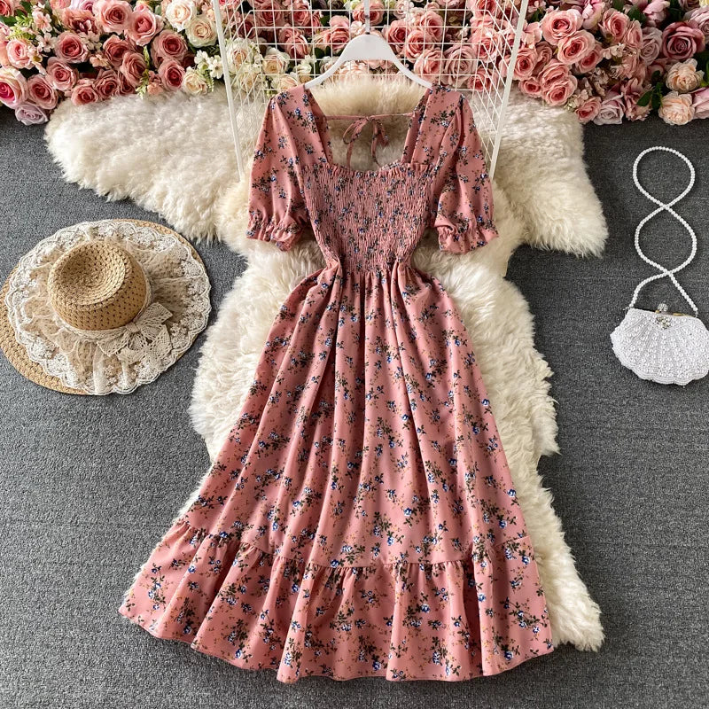 Mini Dress Women Dresses A Line Vestidos Square Collar Short Sleeve Print Floral Elegant Y2k High Waist Streetwear Party Club