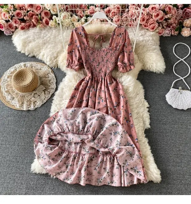 Mini Dress Women Dresses A Line Vestidos Square Collar Short Sleeve Print Floral Elegant Y2k High Waist Streetwear Party Club