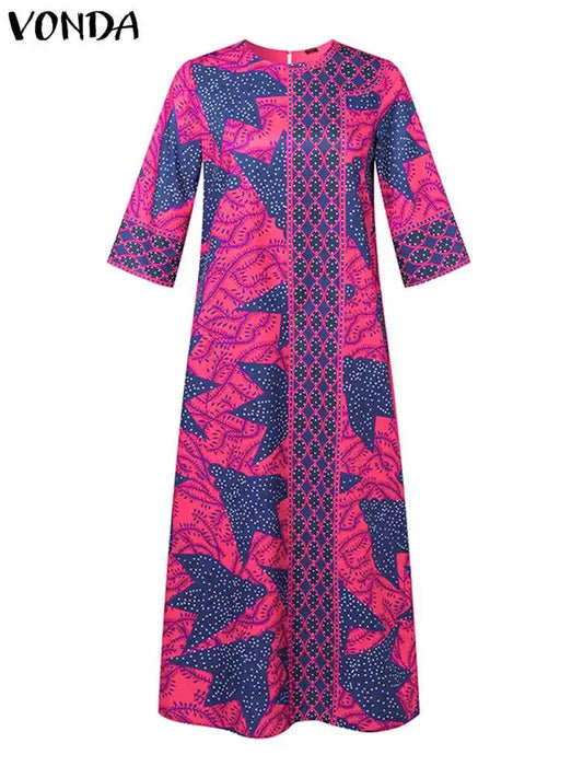 VONDA 2024 Plus Size 5XL Women Summer Vintage Bohemian Maxi Long Dress 3/4 Sleeve Casual Printed Sundress Elegant Loose Vestidos