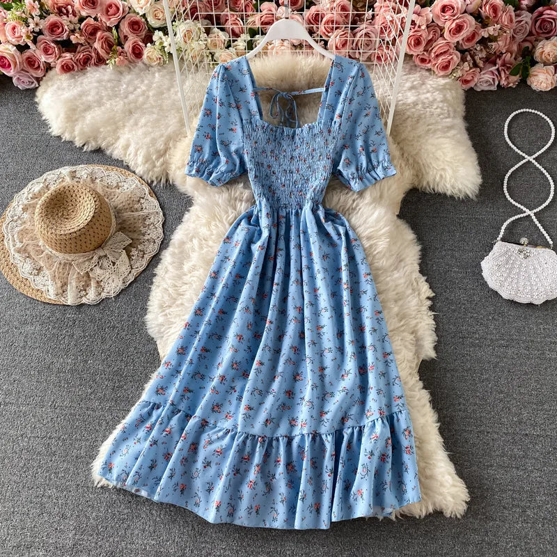 Mini Dress Women Dresses A Line Vestidos Square Collar Short Sleeve Print Floral Elegant Y2k High Waist Streetwear Party Club